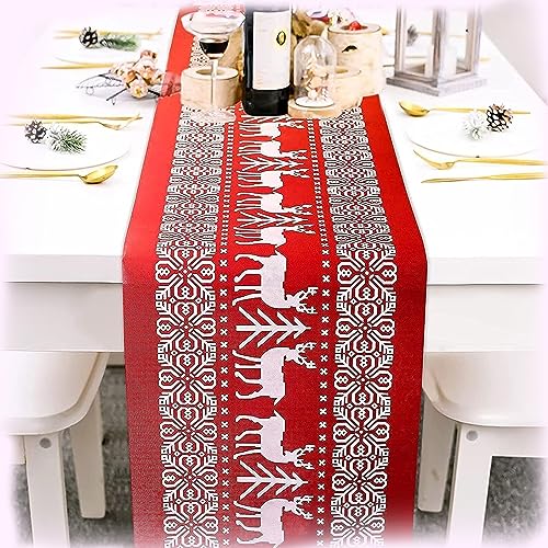 Lang Horn Red Linen Table Runner - 270 x 30 cm Xmas Pattern for Christmas Dining Tables