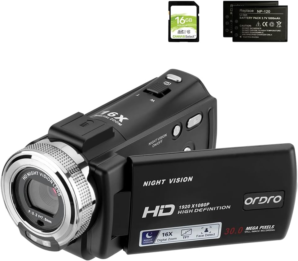 ORDRO Camcorders HDV-V12 HD 1080P Video Camera Recorder Infrared Night Vision Camera Camcorders with 16G SD Card and 2 Batteries