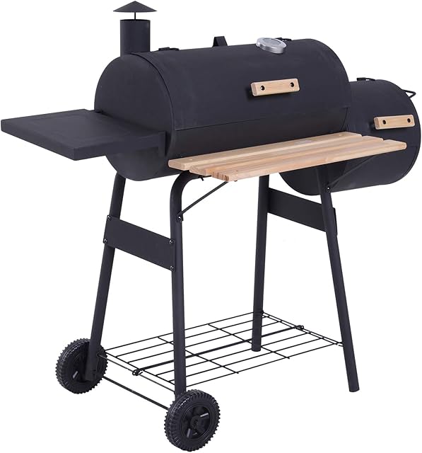 Outsunny Trolley Charcoal BBQ Barrel Barbecue Grill Patio Outdoor Garden Heating Heat Smoker - Black