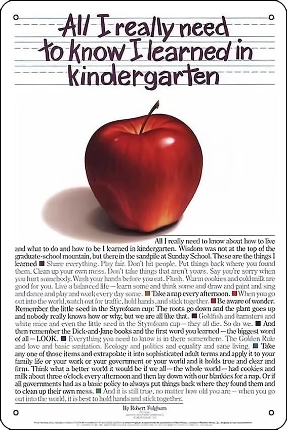 Cartel de metal con texto en inglés "Everything All I Really Need To Know I Learned In Kindergarten" para decoración del hogar, cocina, bar,