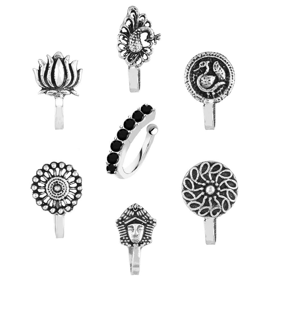 VAMAFashions oxidised Black Metal nose ring without piercing nose pins traditional German Silver nose stud for Girls & Ladies