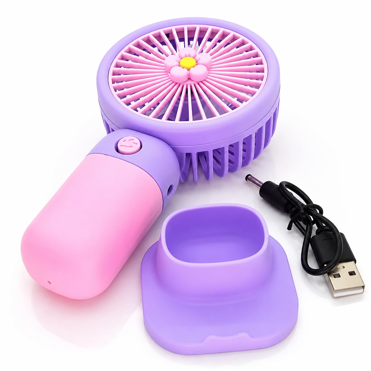 Portable Handheld Fan, USB Rechargeable, 1200mAh Battery, Cute Flower Design, Pink and Purple, Desktop Stand Included-image-28
