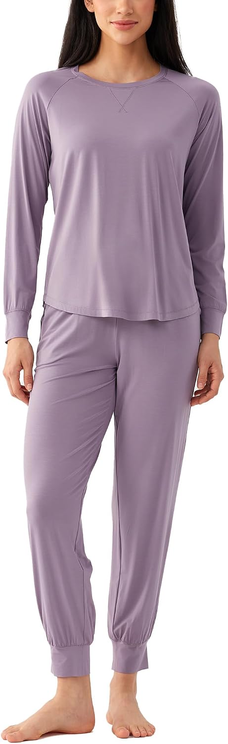 Bamboo Viscose Womens Pajamas Set, Long Sleeve Sleepwear Tops with Jogger Pants Pjs Sets