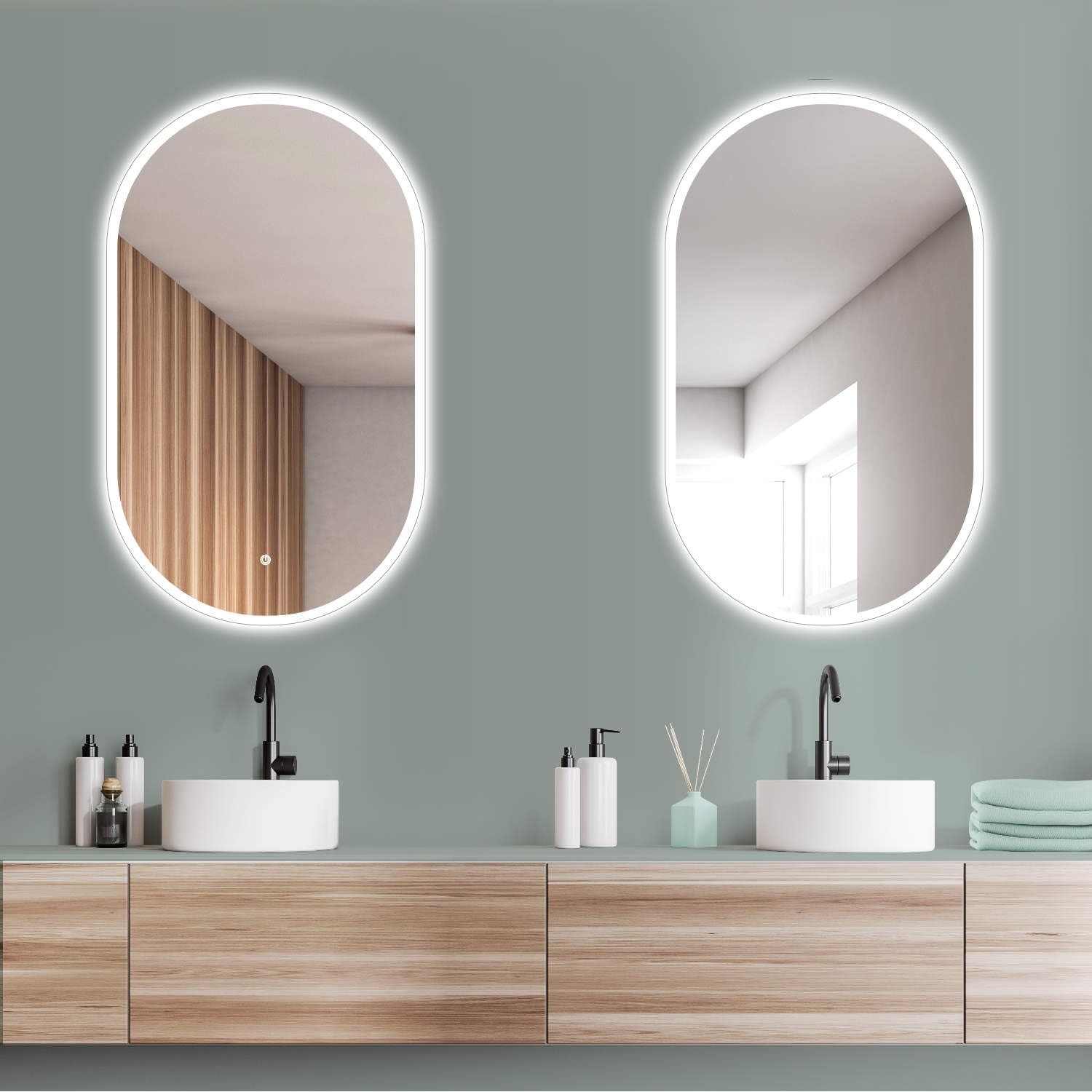 HOKO® Espejo LED Ovalado 50 x 90 cm. Montaje Alto + Transversal. Espejo de baño con iluminación LED para Exterior