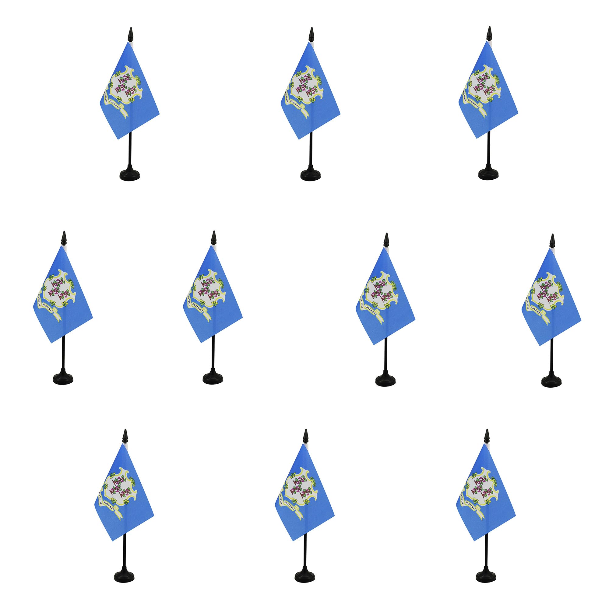 AZ FLAG - Set of 10 Connecticut Table Flag 4'' x 6'' - 10 Small US state of Connecticut Office Flags 100% Polyester 15 x 10 cm - Mini Desk Flag with 10'' Pole and Black Plastic Base