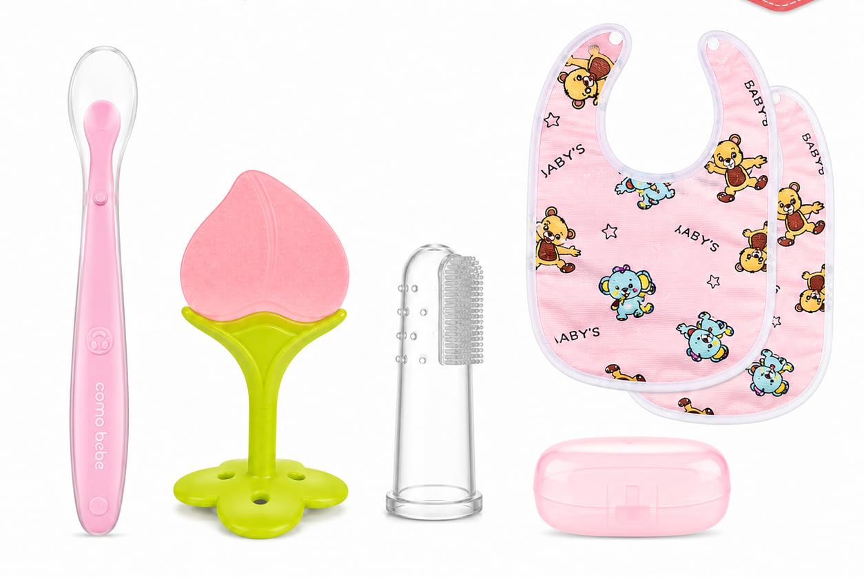 LuvTots 5-Piece Baby Feeding Set Baby Essentials Gift Kit (Pink) | Silicone Teether, Finger Toothbrush, Soft Feeding Spoon, 2 Bibs Included, Storage Case-image-15