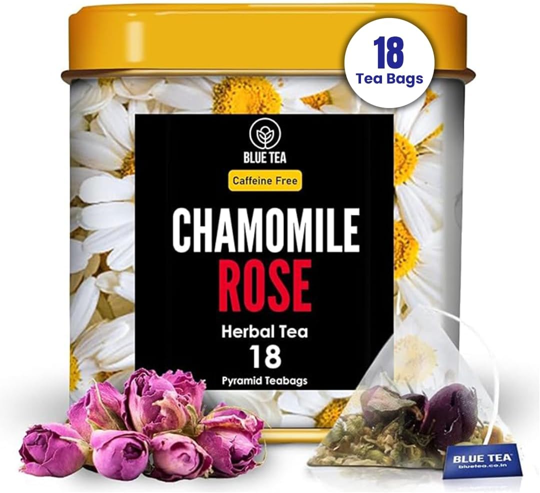 BLUE TEA - Chamomile Tea - Rose - 18 Count - Pyramid Plant Based Tea Bag | SKIN HEALTH | Detox Tea - Herbal Tea - Flower Based - Caffeine-free - Non-GMO - Vegan | Tin Pack