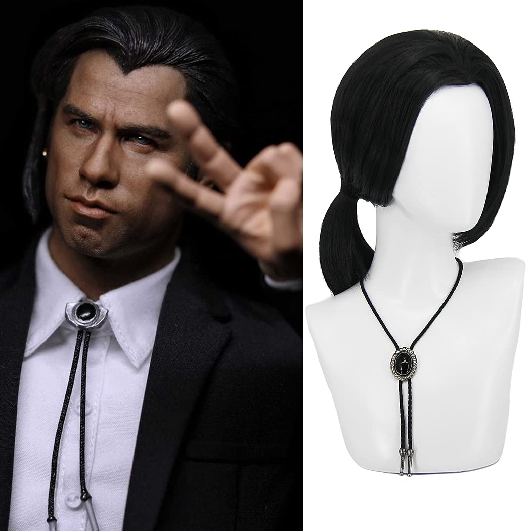 Mens Vincent Vega Wig Black Wig With Necklace for Costume BU027BK1 | Adults 70s Party Short Black Wigs for Party Halloween Cosplay