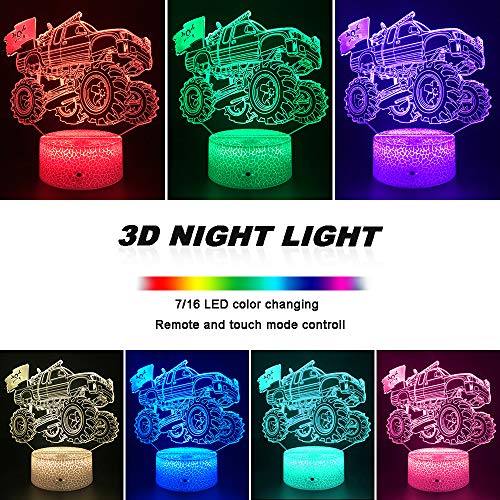 Monster Truck Night Lights Gifts, Monster Truck 3D Lamp Gifts With Usb Cable And 16 Colors Changing, Touch & Remote Control, The Best Birthday Christmas Monster Truck Gifts For Boys #TOP4