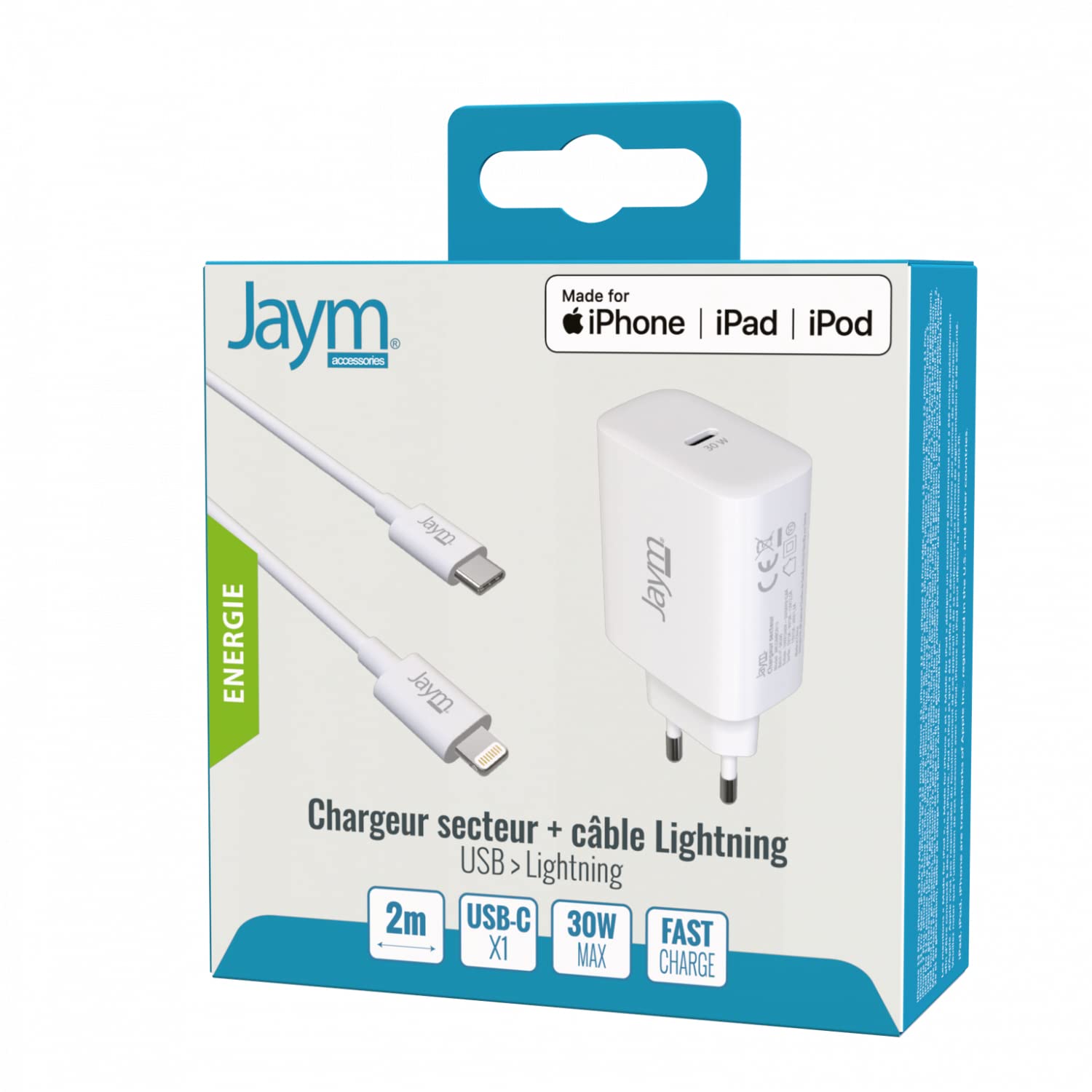 Chargeur GaN Jaym 30W USB-C Rapide Avec Câble 2m - Compact Blanc