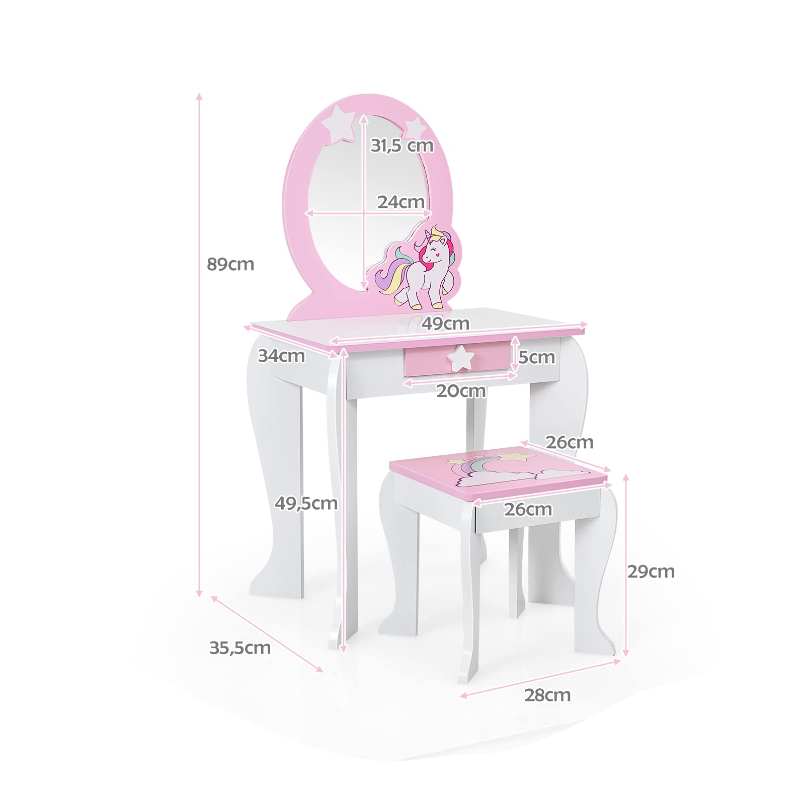 LIFEZEAL Set Toeletta di Unicorno per Bambini con Sgabello e Specchio Rimovibili in Stile Principessa, Tavolo Cosmetico per Ragazzi in Legno, Tavolo da Trucco per Camera da Letto (rosa)