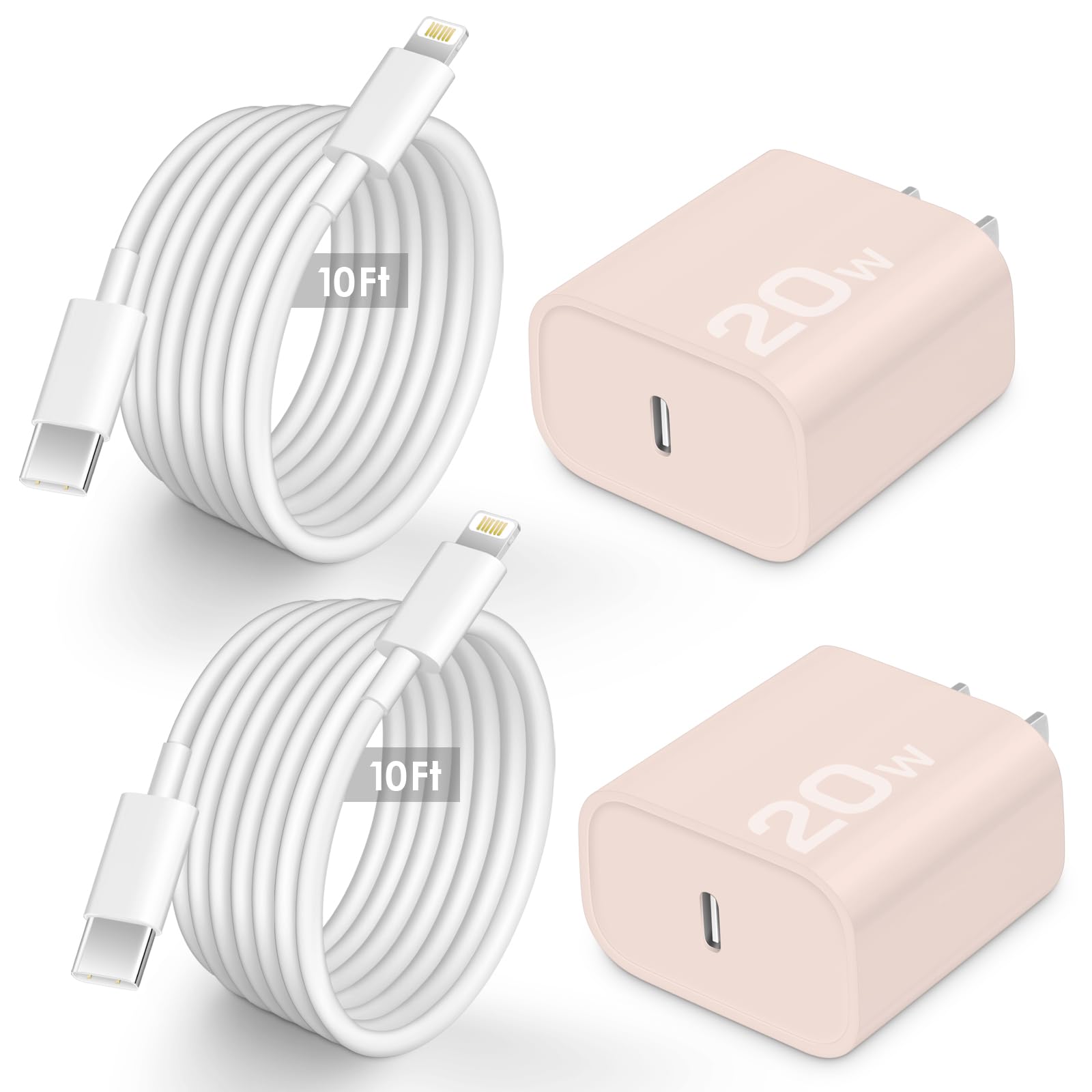 2 Pack for 10 FT Phone Charger Fast Charger 20W PD USB C Fast Charger Block with 10 Foot Fast Charging Cable, Type C Fast Charging Cord Compatible with iP14/14/13/12/11 Pro Max/XS-Pink