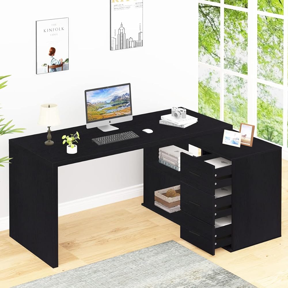 43/mo Finance HSH Black L Shaped Computer Desk with Drawers, L