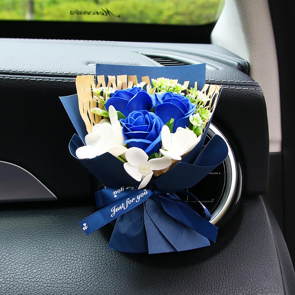 Unique Car Vent Clip Air Freshener, Aesthetic Floral Soap Rose Bouquet Diffuser Decor, Reusable Essential Oil Aroma Pad, Cute Car Accessories Gift for Women (Style F)