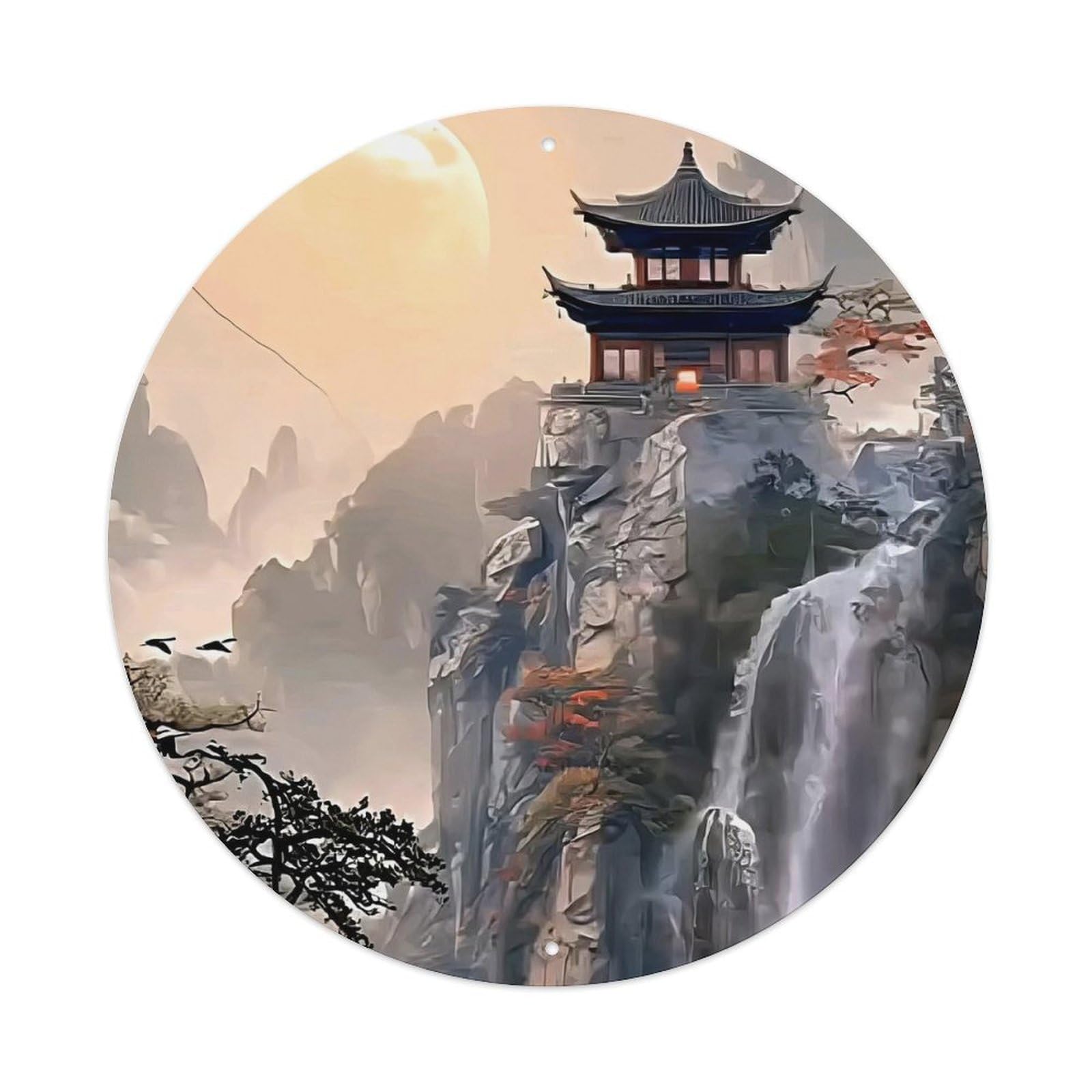 Waterfall Ancient Temple on Enchanted Peak in Sunset Vintage Metal Tin Sign