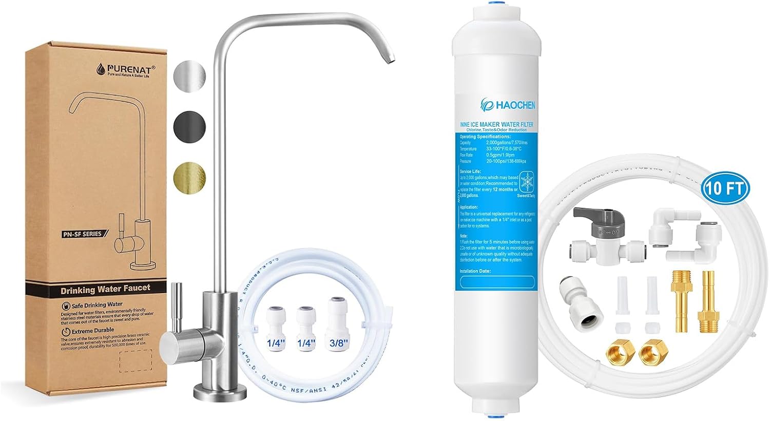Drinking Water Faucet(Brushed Stainless - 7" Shape)+Inline Water Filter for Ice Maker and Refrigerator,Include 1/4" Water Line and Push to Connect Fittings,Ideal for RO(Reverse Osmosis) System