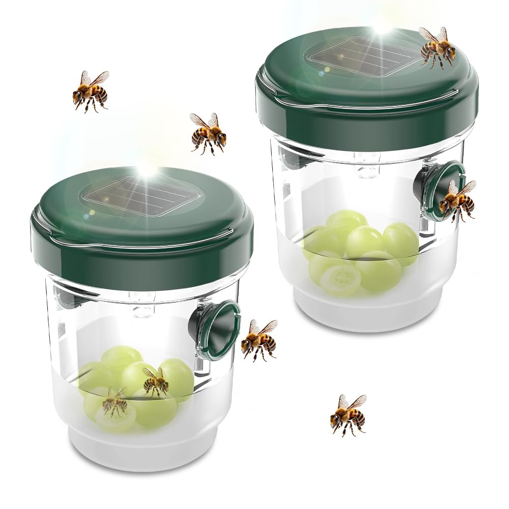 mizikuu 2 Pack Solar Wasp Trap, Traps Wasp Trap Outdoor Hanging with LED Light Reusable Catcher Killers Wasp Catchers for the Garden Patio Yard Camping, Green