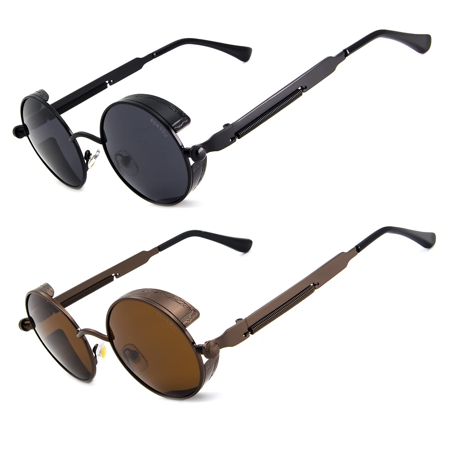 RONSOU Steampunk Round Polarized Sunglasses for Men Women UV400 Protection