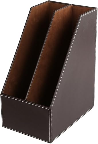 Miniatura 4 de KINGFOM Organizador de carpetas de archivos de escritorio de cuero sintético de madera y soporte para archivos de documentos, revistero, 2 ranuras