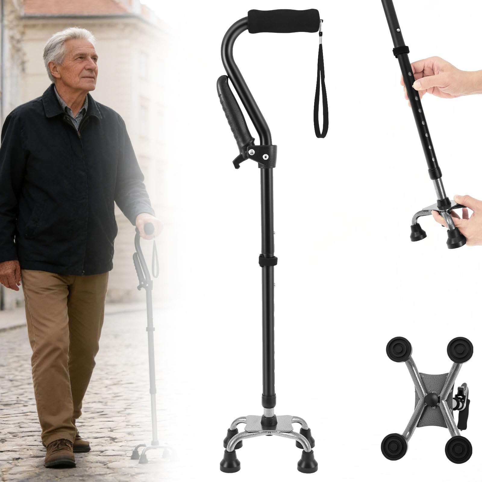 Bastón con 4 patas plegable ajustable negro aluminio | Andador de doble asa para personas mayores, soporta hasta 150 kg, base ergonómica y antideslizante, altura ajustable 76-94 cm