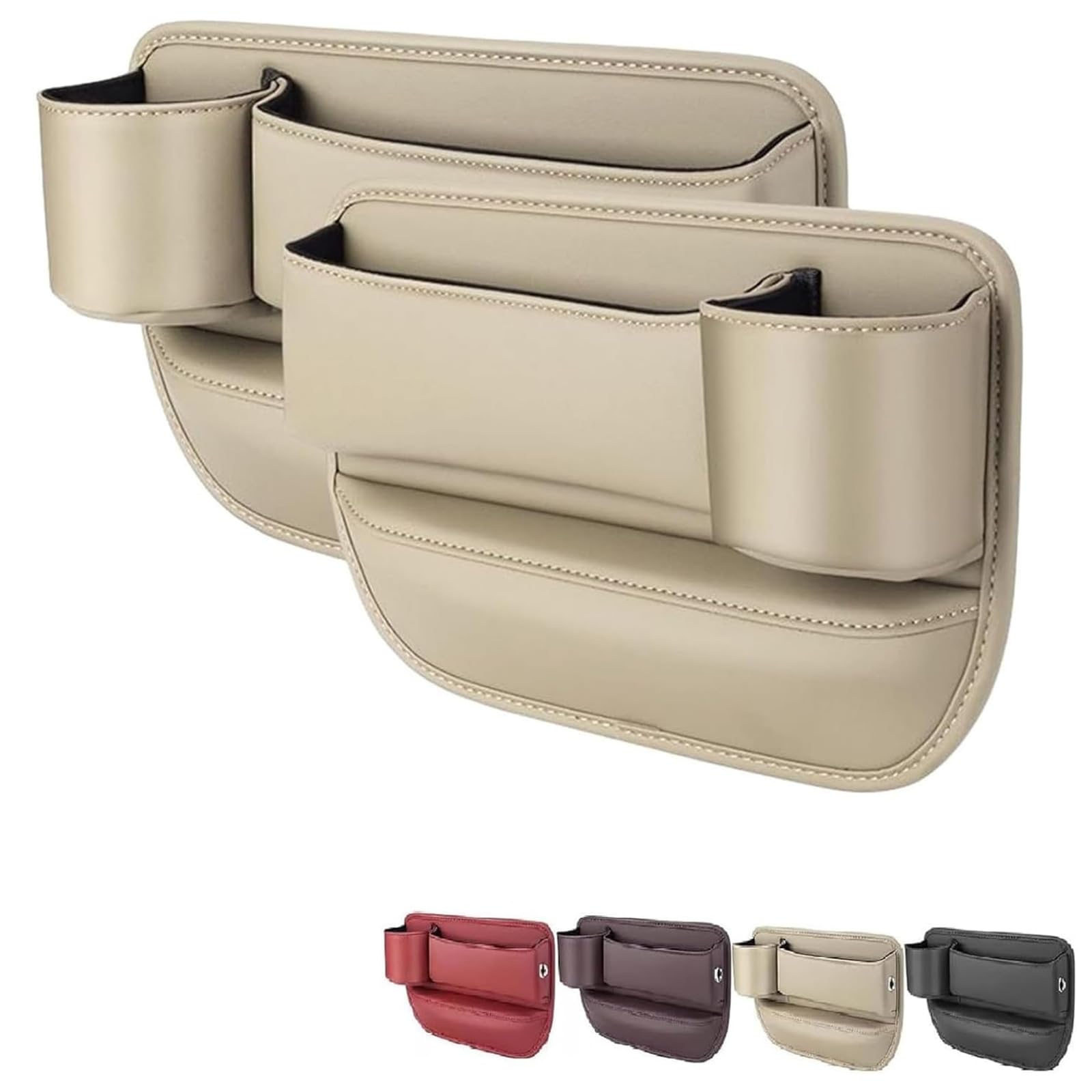 Car Leather Cup Holder Gap Bag - Adjustable Car Seat Gap Filler & Organizer with Cup Holder, Premium PU Leather, Storage Box for Phones, Keys and Cards, Car Accessories (Beige - Driver's + Passenger)