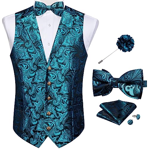 DiBanGu 5PCS Men's Suit Vest and Bow Tie Pocket Square Cufflinks Lapel Pin Set Shawl Collar Paisley Waistcoat Wedding Party