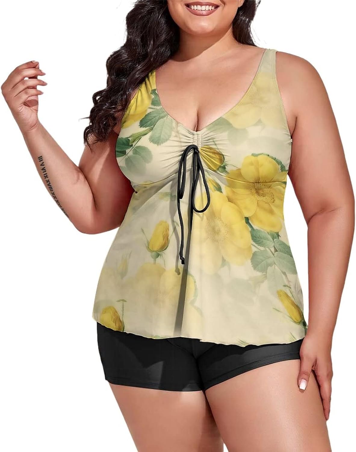 2 Piece Plus Size Tankini Swimsuits for Womens Vintage Rose Floral Bathing Suits with Top/Boyshorts Tummy Control Swimwear