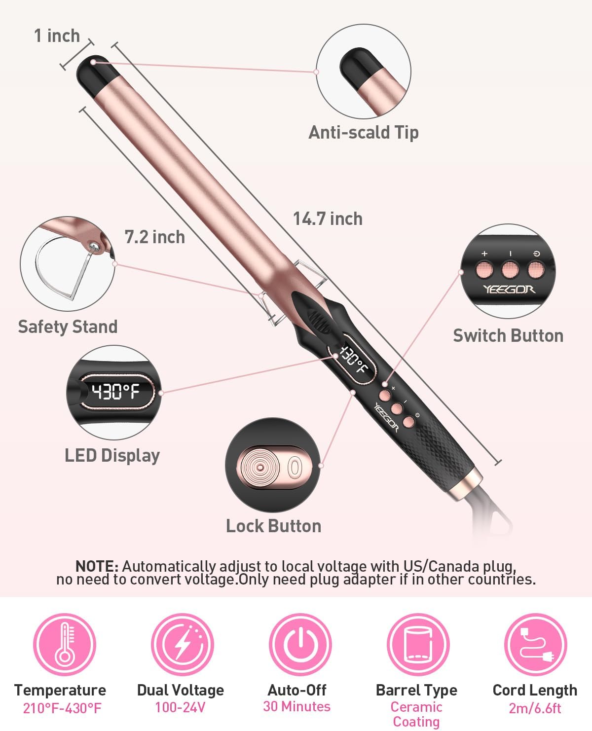 YEEGOR 1 inch Curling Iron,Extra Long Barrel Culing Wannd,100-240V Dual Voltage Hair Curler for Wave Curls,12 Temps - Image 6