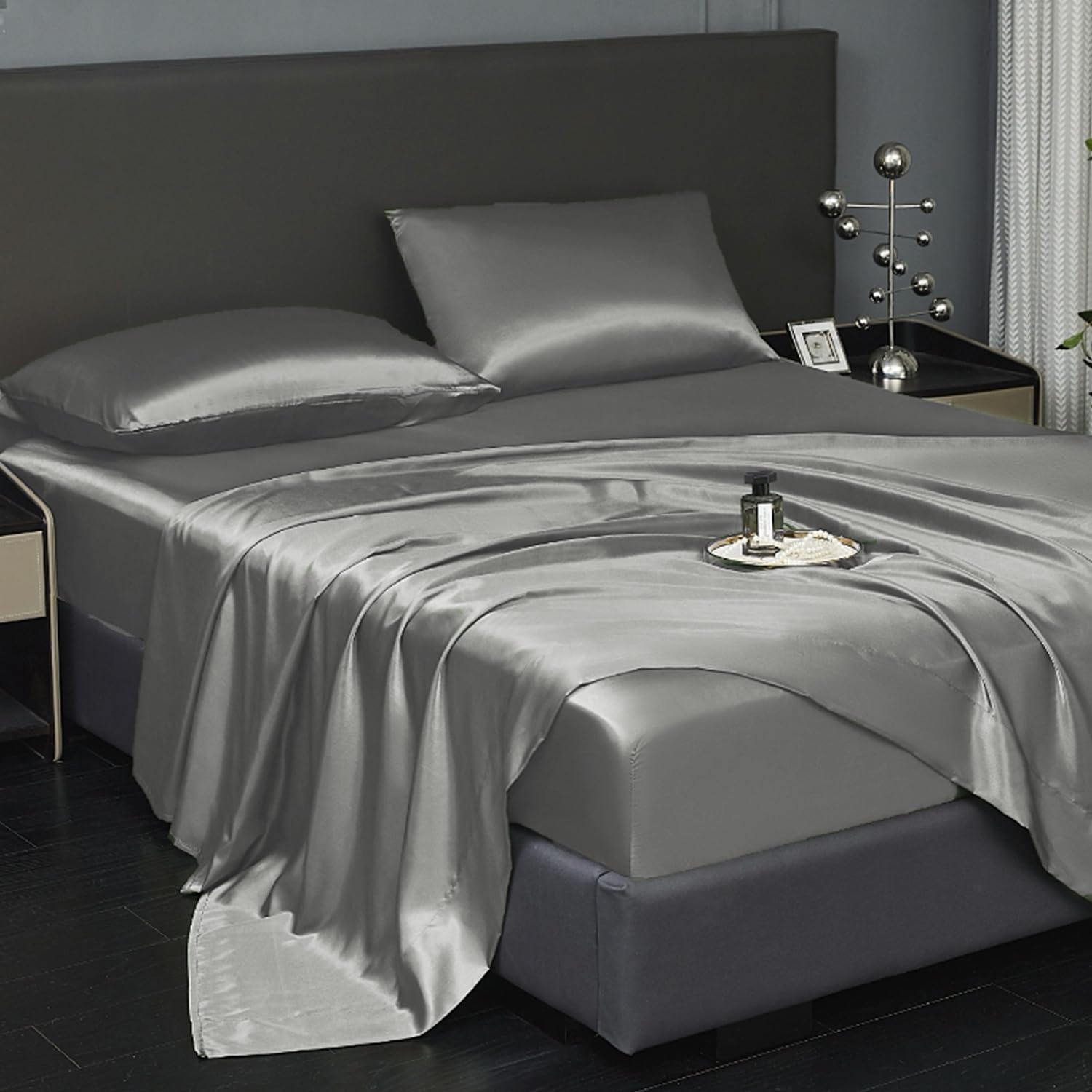 Revdomfly 4 Pcs Full Size Luxury Silky Soft Grey Satin Sheet Set,1 Premium Moisture Wicking Fitted Sheet Fits Up to 16 Inches Deep Pocket + 1 Flat Sheet + 2 Pillowcases?Grey, Full?