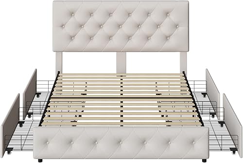 Miniatura 8 de Base de cama de tamaño matrimonial con 4 cajones de almacenamiento y cabecera ajustable, plataforma tapizada con diseño capitoné, soporte de