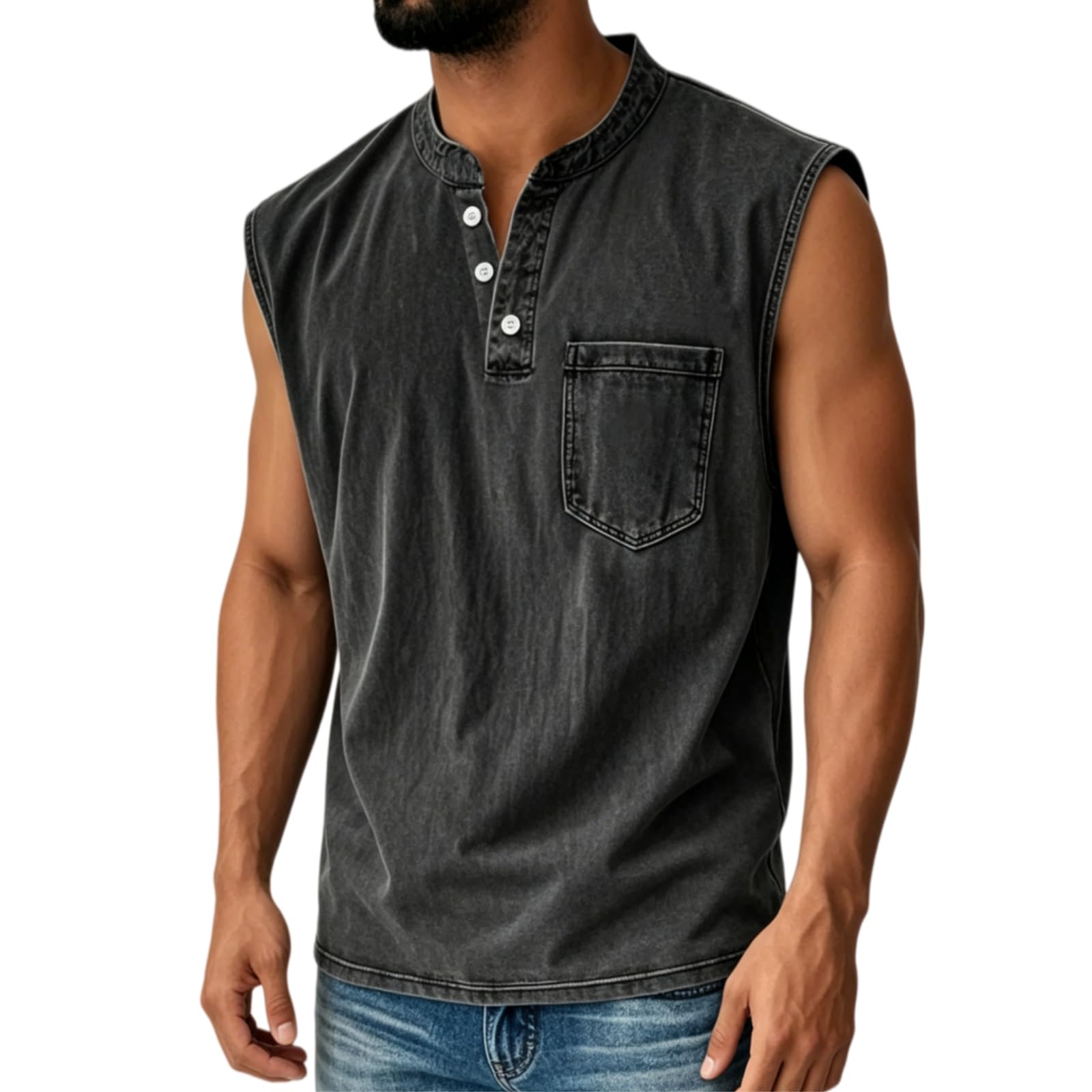 Camiseta sin Mangas para Hombre con Cuello Henley y Corte cómodo, Ideal para Entrenamientos y sesiones Deportivas, con Bolsillos.