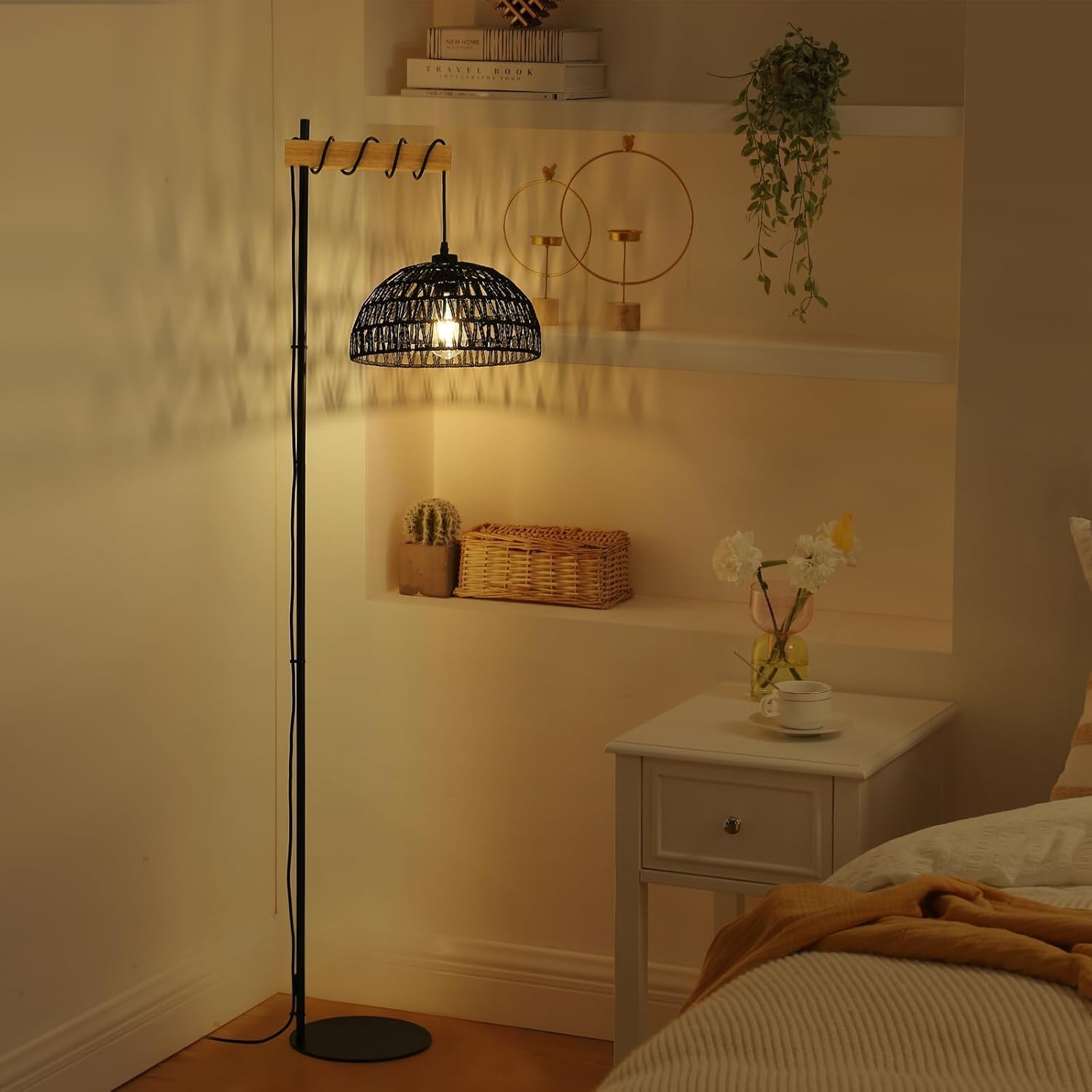 Alpinaluz Lampa Podłogowa E27 Czarny Pleciony Papier Czarna Podstawa 158 cm | Ręcznie wykonany klosz Ø32 cm, styl boho nordycki z wtyczką i przełącznikiem nożnym do salonu, sypialni i czytania