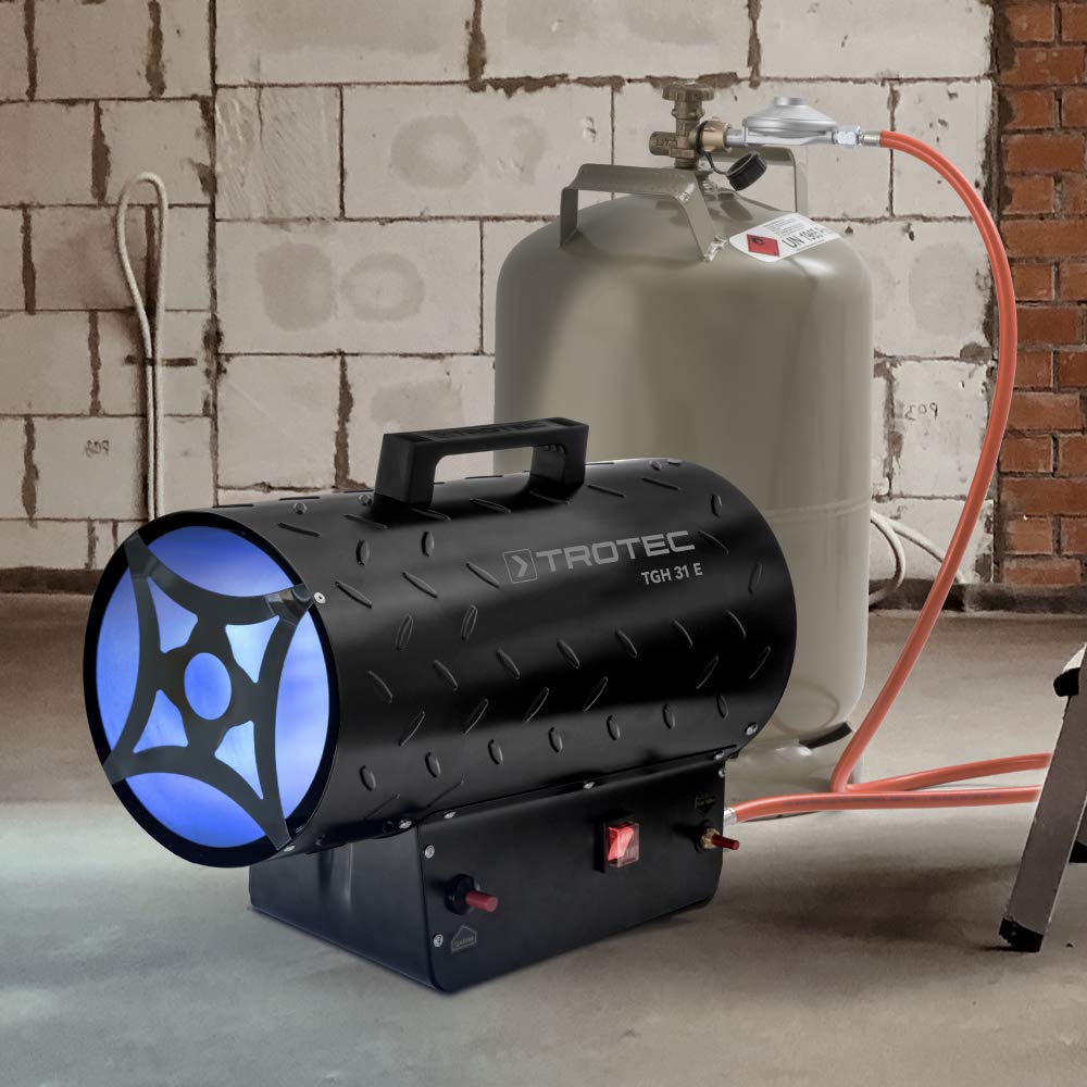 TROTEC TGH 31 E - Calefactor de Gas con Manguera de conexi?n y Reductor de Presi?n, Potencia de hasta 30 kW, 1000 m3/h de Flujo de Aire, para bombonas de Gas comerciales, Encendido piezoel?ctrico