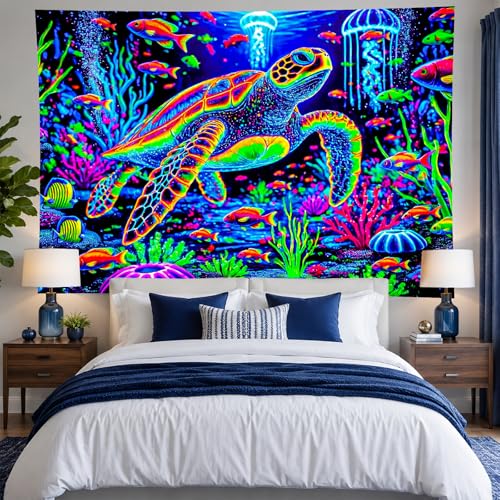 Image of BlissYard Blacklight Ocean Turtle Tapestry UV Reactive Neon Sea Turtle Wall Tapestry Underwater Animal Seashell Coastal Nautical Trippy Marine Wildlife Tapestry for Living Bedroom 51 inch X 78 inch