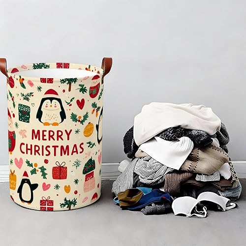 Miniatura 6 de Cesta de lavandería de 15.75 x 15.75 x 19.7 pulgadas, diseño de pingüino de Navidad, plegable, con asas, almacenamiento de ropa sucia para