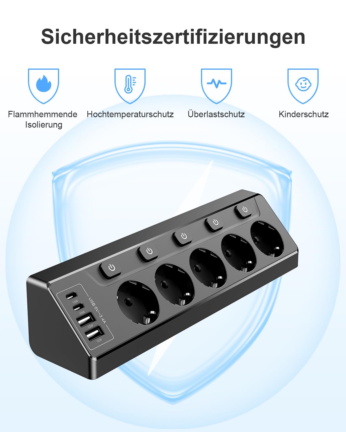 Presa Angolare con Interruttore Indipendente, Ciabatta con 4 USB (2 USB C)+5 Prese con Protezione per Bambini, 3680W, Cavo di Prolunga da 2M per Cucina, Ufficio, Casa (nero)