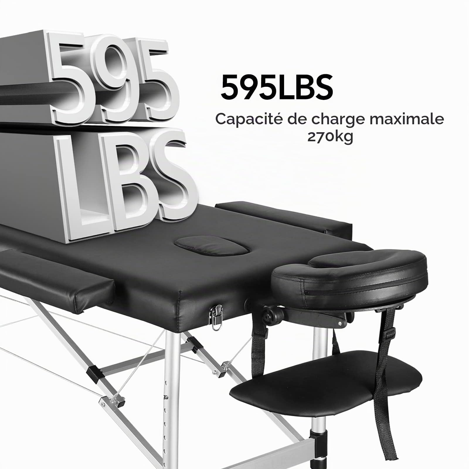 Table de Massage Pliante Professionnelle - Lit de Massage Portable à 3 Sections avec Pieds en Aluminium, Accessoires Amovibles et Sac de Transport - pour Spa, Salon, Tatouage, Cils - 208 cm, Noir