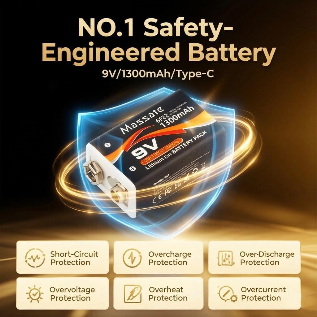 2 Pcs 9V Rechargeable Batteries 1300mAh, USB C Rechargeable Lithium Ion Battery with 2 in 1 Charging Cable, Long Lasting 9 Volt Battery for Smoke Detector, Guitar Pedal, Microphone - 4