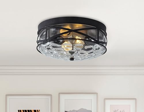 Miniatura 3 de Aiwen Lámpara de techo redonda de montaje empotrado, contemporánea de 2 luces cerca de la iluminación, pantalla de vidrio de tambor ondulado de agua