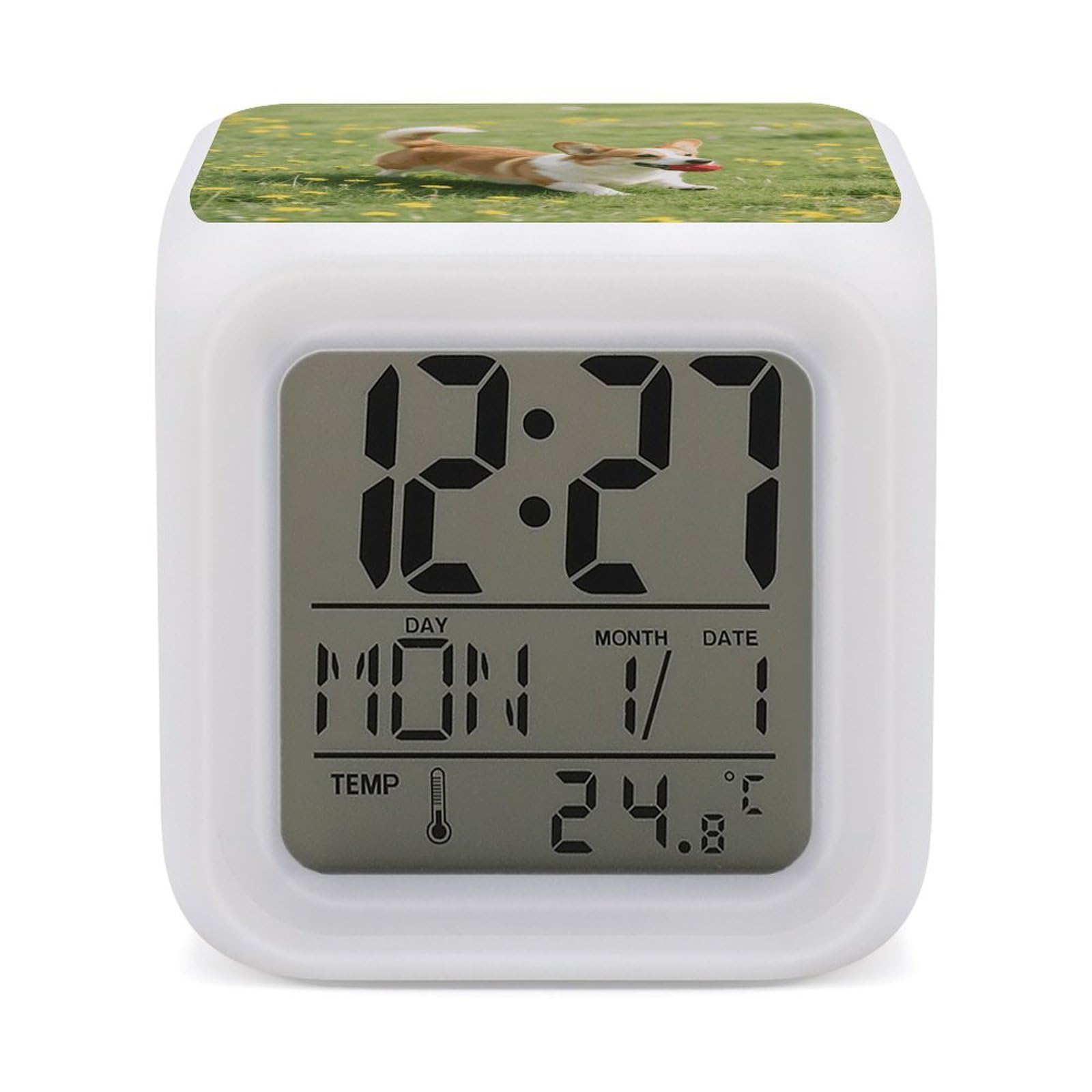 FodPand 7 Color Ambient Night Light Cube Battery Operated Corgi Digital Clock with Snooze Temperature LED Digital Alarm Clocks Dimmable Wake Up Light Portable Mood Lamp for Bedroom Desk Gift