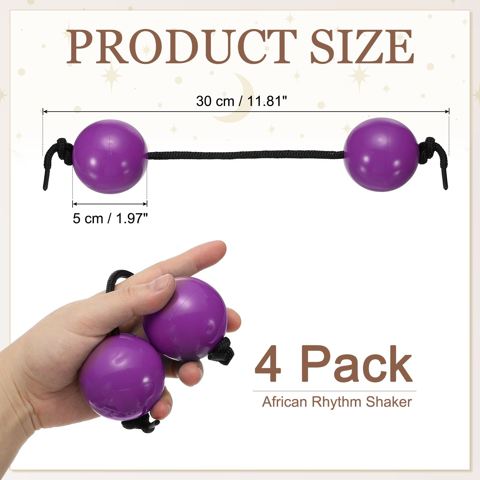 Rhythm Afrykański shaker Kashaka, Shaker Ball Kashaka, ręczne instrumenty perkusyjne z czarną liną, odpowiednie dla dorosłych, na wesele, przyjęcie, klasę muzyczną (4 sztuki, fioletowy)