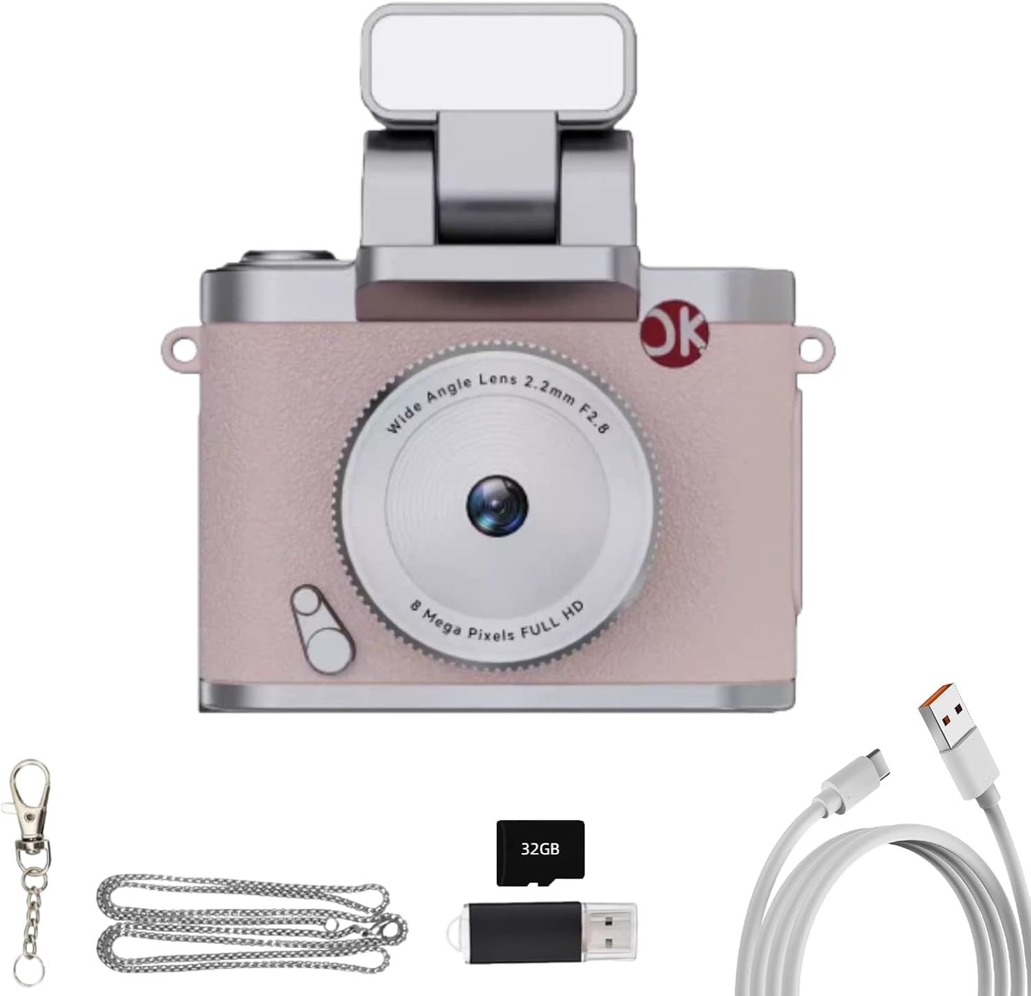 Ultra-Portable Mini Digital Camera Retro Keychain - Vintage Small Bodycam | Built-in Flash + 1080P HD Video + 64G Memory Card | Type-C | Travel & Vlogging Gear for Photography Enthusiasts (Pink)