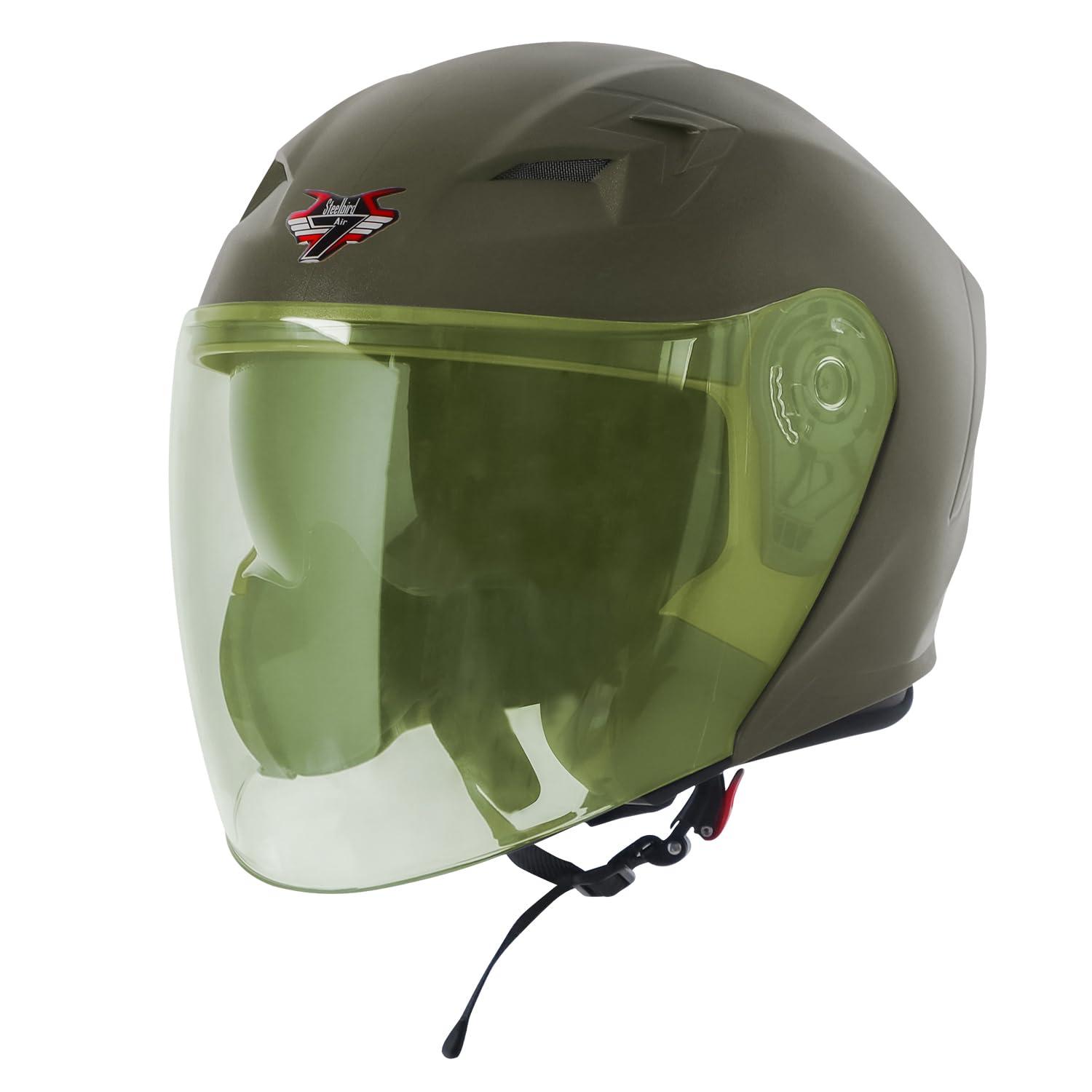 Steelbird SBA-17 7Wings ISI Certified Open Face Helmet for Men and Women with Inner Smoke Sun Shield (Medium 580 MM, Dashing Battle Green with Tinted Yellow Visor)