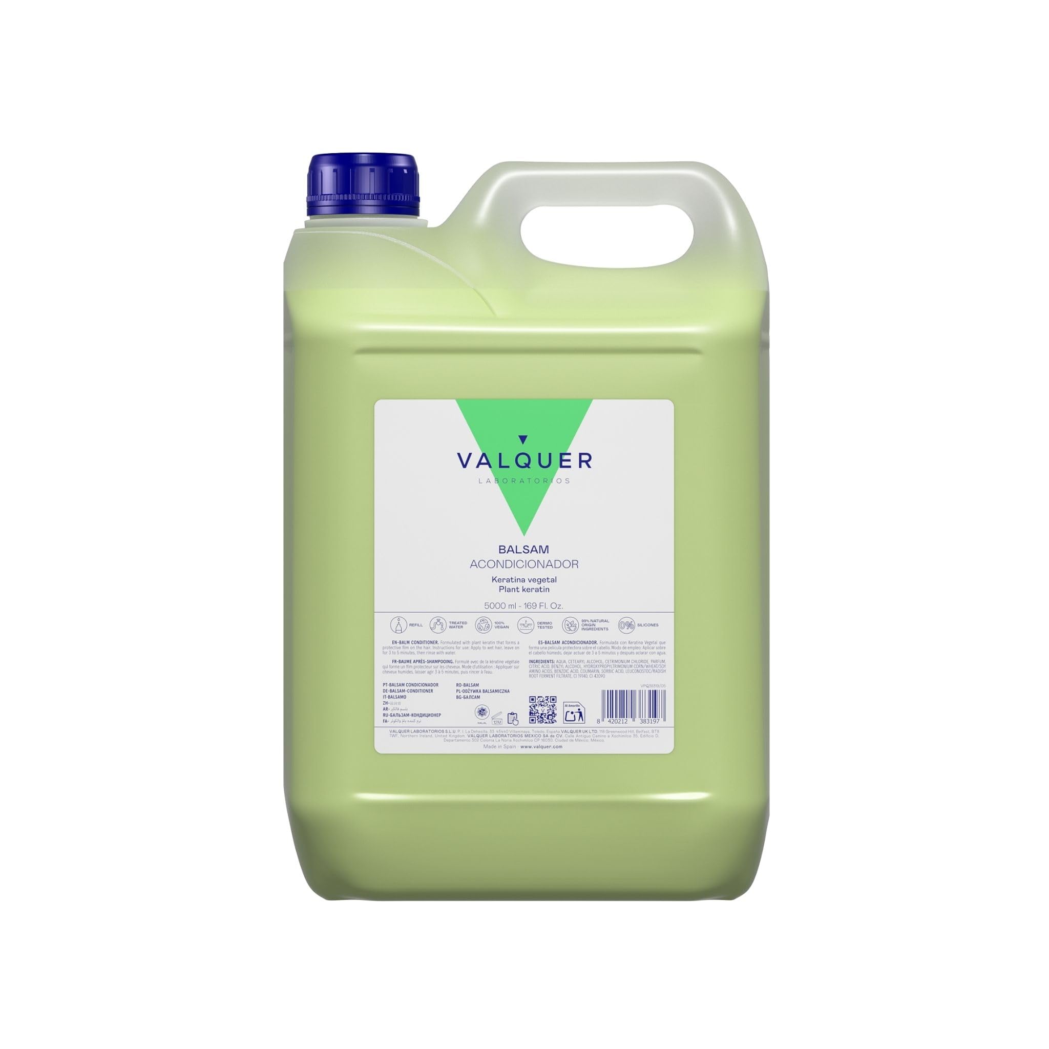VALQUER Bálsamo Acondicionador Capilar con Keratina Vegetal | Reparación Intensiva para Cabello Dañado y Seco | Brillo, Suavidad y Nutrición Natural Sin Siliconas | Vegano | 5 L