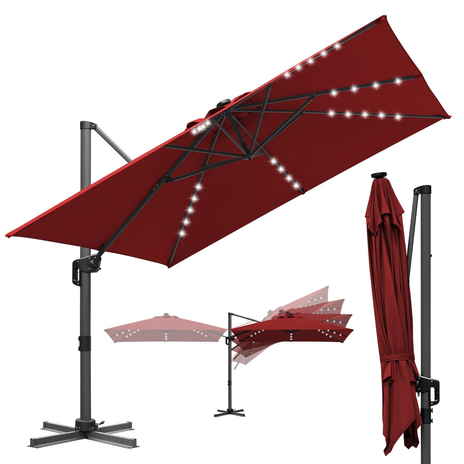 300 x 300 cm Sonnenschirm Ampelschirm Groß Solar LED, Gartenschirm mit Kurbel, 360° drehbar und kippbar, UV50+ Terrassenschirm mit Aluminiumgestell für Garten Terrasse
