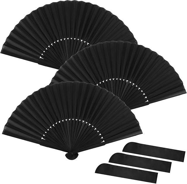 Fuyamp Black Folding Hand Fan,3 Pieces Hand Held Chinese Fan with Storage Bag for Wall Decoration Dance Performance Wedding Party Festival Gift