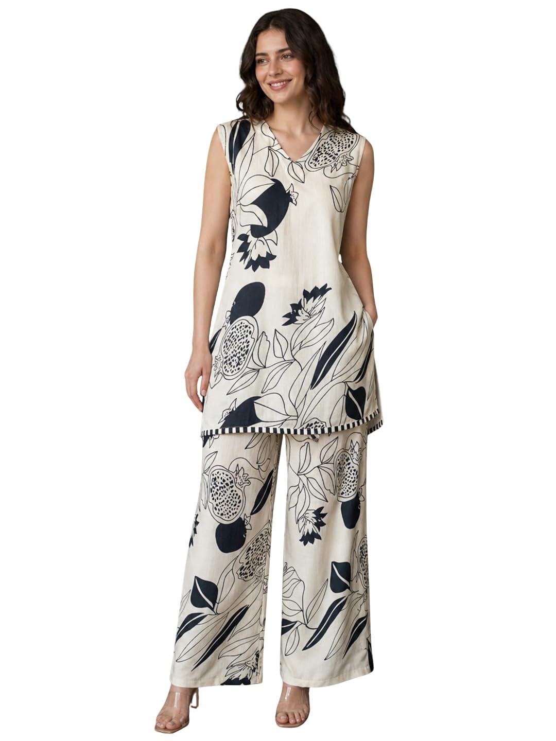 v4m Women Off-White & Black Floral Printed Cotton Blend Tunic with Trousers Co-ord Set-picture-14