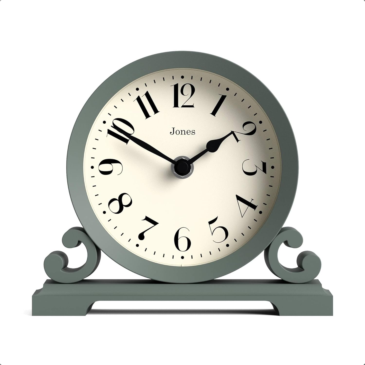 JONES CLOCKS® Saloon Mantel Clock | Small Traditional Double Scroll Design | Green | Contemporary Classic Style for Desk, Table, Shelf or Bedside