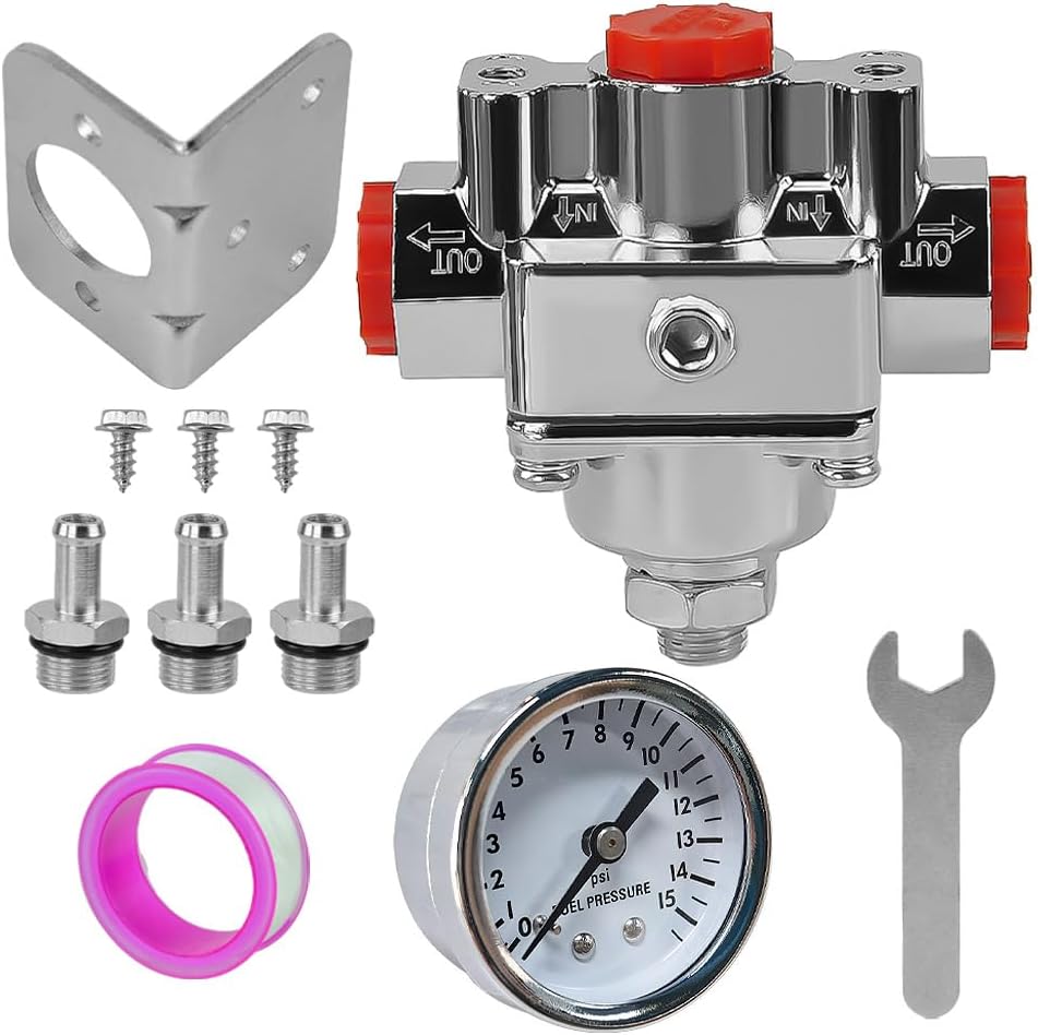 12-804 Adjustable Fuel Pressure Regulator With Gauge Compatible With Holley and Edelbrock Carburetors 1-4 PSI 3/8 NPT 1 In 2 Out Zinc Alloy Replaces 12804