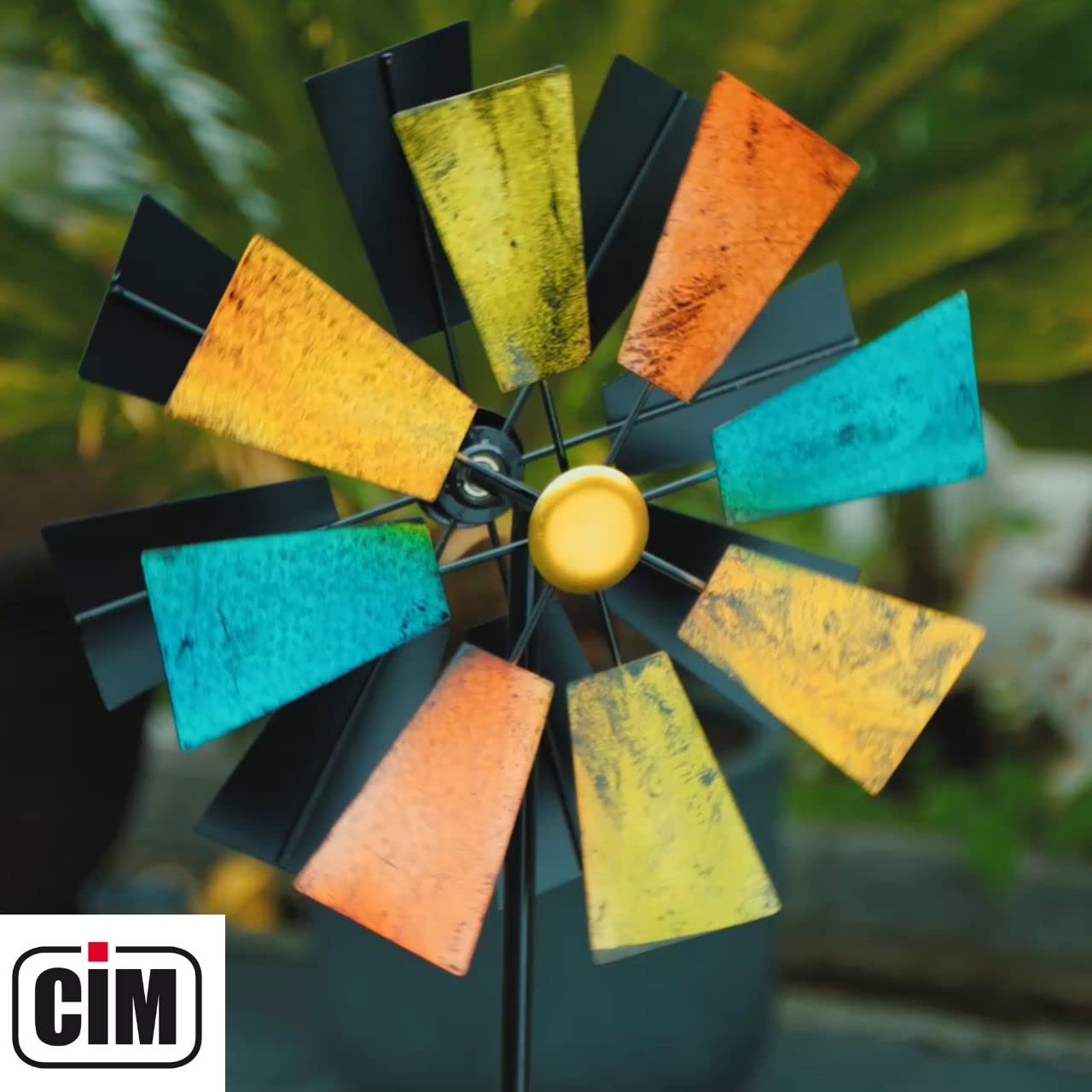 CIM Girandola a vento doppia in metallo con glitter altezza totale 127 cm diametro 37 cm resistente alle intemperie e ai raggi UV decorazione da giardino con asta in 2 parti con ancoraggio a 2 punte